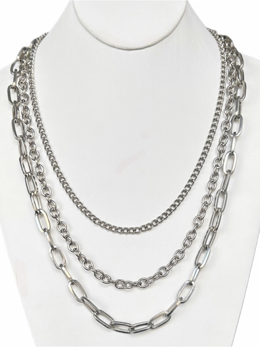 Vintage Silver Tone Multi Layered 3 Strand Mixed Chain Necklace
